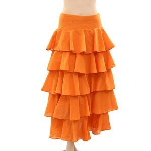 269864 The Great Solid Smocked Ruffle Maxi Skirt Tiered High Waisted Pull-on M